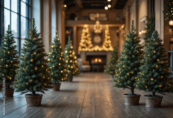 Fototapeta Small spruce trees with Christmas lights and other decor indoors. Space for text. 3d rendering.