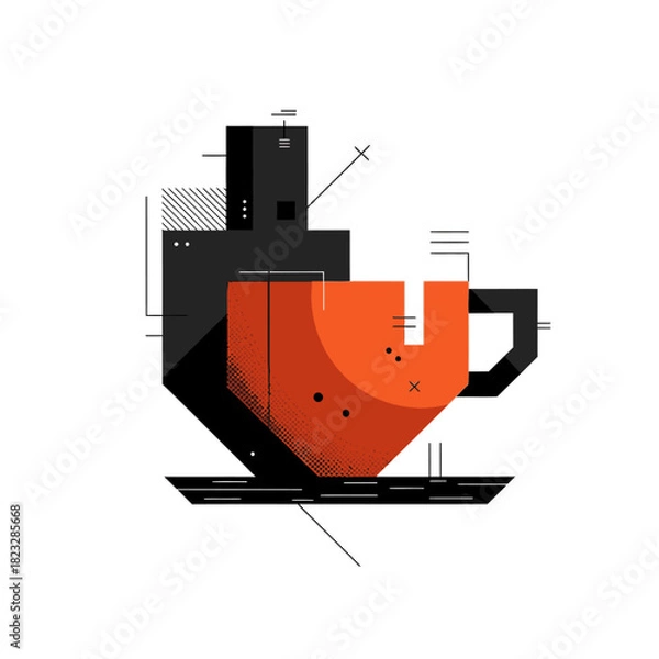 Obraz This modern, abstract illustration features a minimalist orange and black coffee cup with geometric elements, evoking a contemporary digital aesthetic.