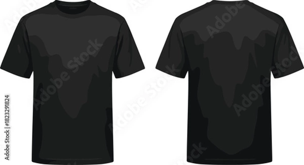 Fototapeta Black short sleeve t-shirt front and back view, realistic apparel mockup, fashion design, product display, cad drawing flat vector illustration