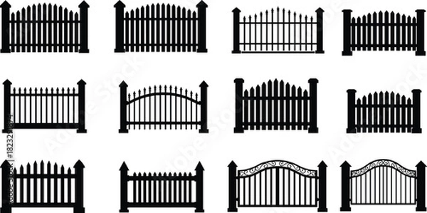 Fototapeta Black silhouette fence vector set, decorative metal and wooden gates, garden and property barrier design elements for architectural illustrations