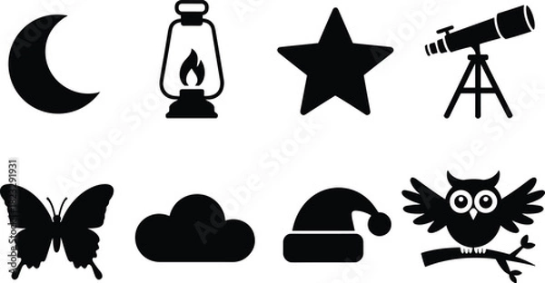 Fototapeta Black silhouette icons of moon, lantern, star, telescope, butterfly, cloud, Santa hat, and owl on branch, nature and night symbols