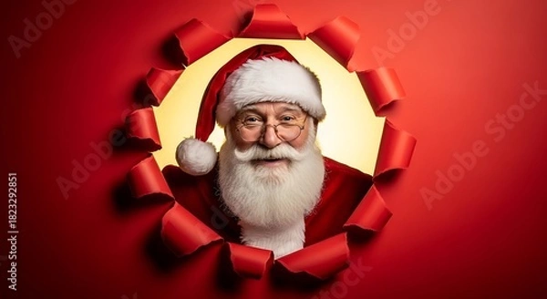 Fototapeta Santa claus peering through a torn red paper with a joyful smile