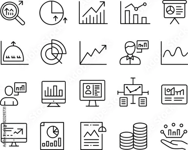 Obraz Business analytics icons, data chart symbols, financial growth, report presentation, analysis graphics, pie charts, bar graphs, statistics, office vector illustration