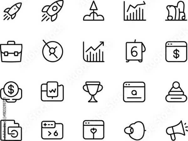 Obraz Business and finance icons set, rocket launch, graph analytics, briefcase, money, calendar, trophy, website, megaphone, marketing symbols