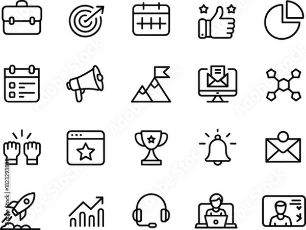 Fototapeta Business and marketing icons set, briefcase, target, calendar, thumbs up, pie chart, megaphone, mountain flag, email, trophy, rocket
