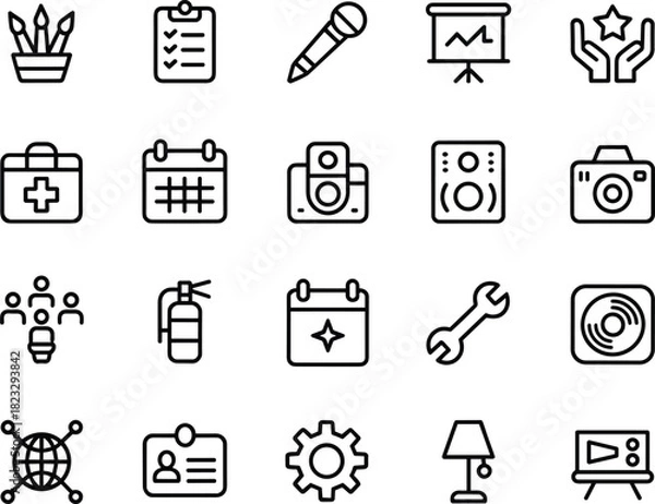 Fototapeta Business and office icons set, calendar, teamwork, tools, technology, presentation, medical kit, camera, fire extinguisher, lamp, communication, gear, checklist