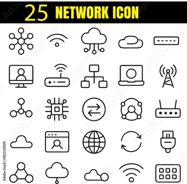 Obraz Network Set | Connectivity & Communication Outline Icons | Minimal Digital Links Collection