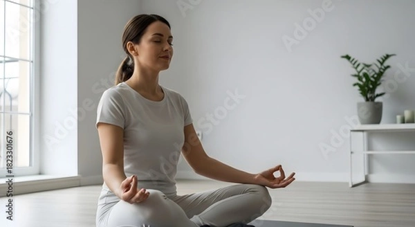 Fototapeta Calm young woman practicing mindfulness meditation in a lotus pose at home, finding inner peace and balance through yoga