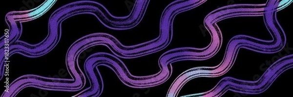 Fototapeta Playful seamless squiggly waves in purple-blue gradients, mimicking neon lights or digital glitches, perfect for gaming backgrounds, party invitations, or futuristic graphics