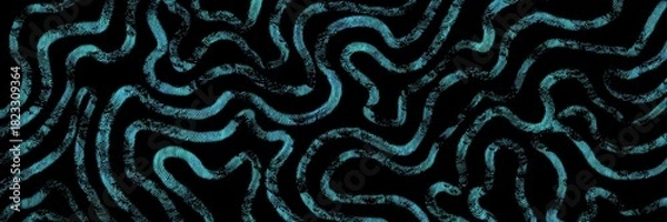 Fototapeta Turquoise neon brain coral seamless pattern, organic maze texture on black, bioluminescent style