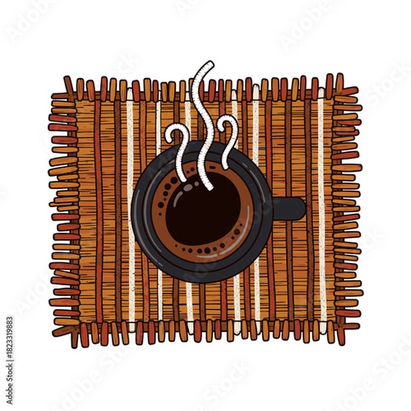 Obraz An inviting, hand-drawn illustration captures a steaming cup of freshly brewed dark coffee, resting warmly on a textured, woven bamboo placemat, evoking comfort and morning rituals.