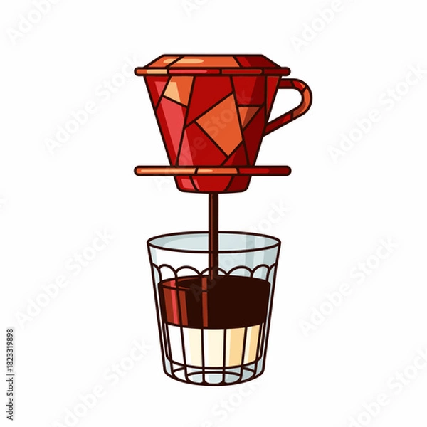 Obraz An illustrated Vietnamese phin coffee filter slowly drips rich, dark coffee into a glass containing sweet condensed milk, creating a delicious traditional beverage.