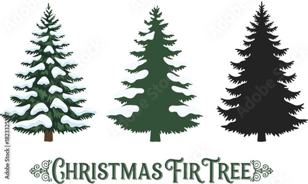 Fototapeta Christmas fir tree variations set with snow-covered branches, solid green, and black silhouette vector illustrations isolated on white