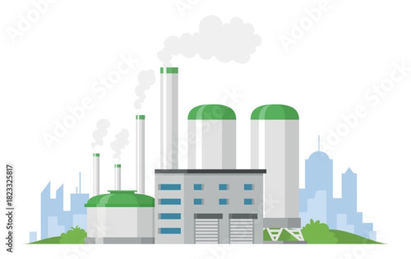 Obraz Power plant building surrounded by city skyline with smoke emissions and greenery nearby