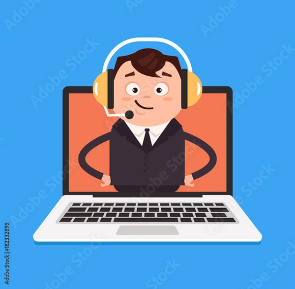 Fototapeta Happy smiling call canter manager help. Vector flat isolated icon cartoon illustration
