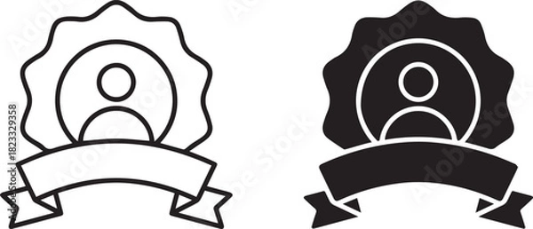 Fototapeta Badge with user icon,ribbon,outline,silhouette person icon, profile picture  user icon, avatar icon, badge symbol, logo design, minimal style, vector illustration, flat design