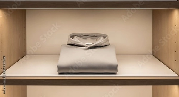 Fototapeta A minimalist display of a folded light grey hoodie on a contemporary wooden shelf with soft illumination