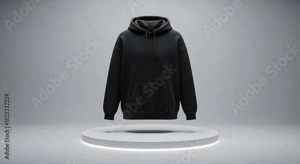 Fototapeta Black hoodie floating above a glowing ring on a grey background, showcasing modern apparel design and fashion