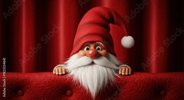 Obraz Charming animated gnome looks out from a red backdrop