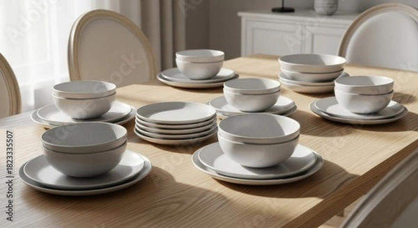 Obraz Elegant white ceramic dinnerware sets with plates and bowls neatly arranged on a light wooden dining table in a modern home.