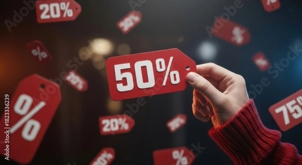 Obraz Person holds a sale tag surrounded by floating discounts