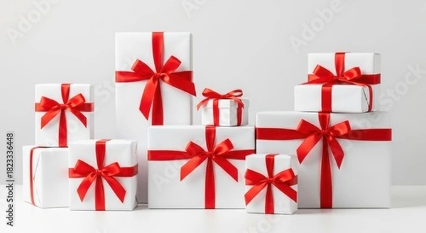 Obraz Elegant White Gift Boxes Tied with Red Bows
