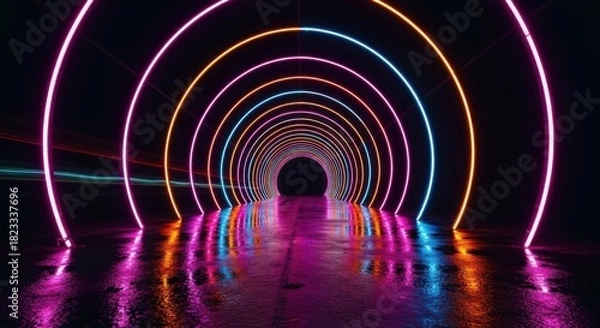 Obraz Vibrant Neon Light Tunnel Reflecting on Wet Floor