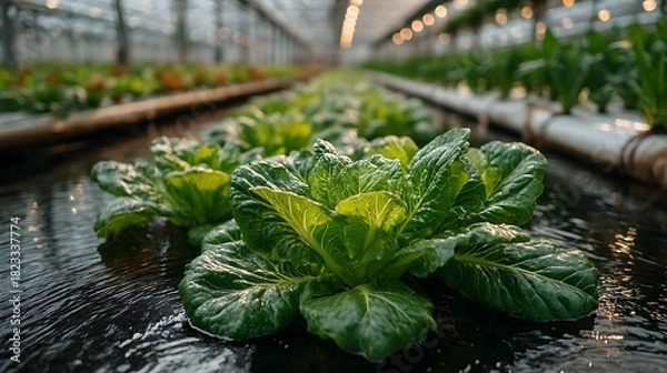 Fototapeta Modern greenhouse with hydroponic lettuce farming setup high resolution picture