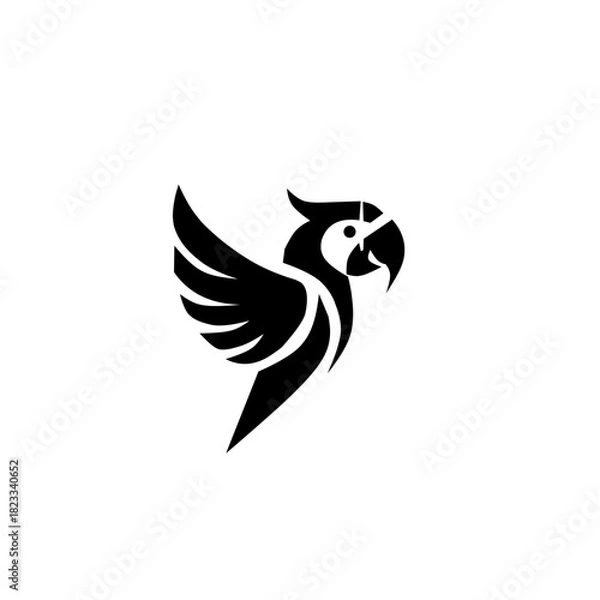 Obraz A dynamic, black and white minimal logo of a parrot (macaw) in flight with outstretched wings. This majestic tropical bird icon is perfect for travel, aviation, pet, or wildlife conservation brands.