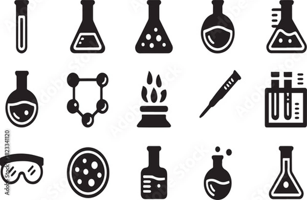 Fototapeta Collection of black science laboratory icons on white background chemistry