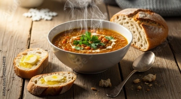 Fototapeta Bowl of soup with bread and butter on a wooden table with a spoon and herbs