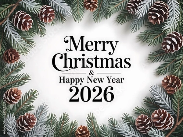Obraz Modern Merry Christmas and Happy New Year 2026 winter pinecone border with festive greenery