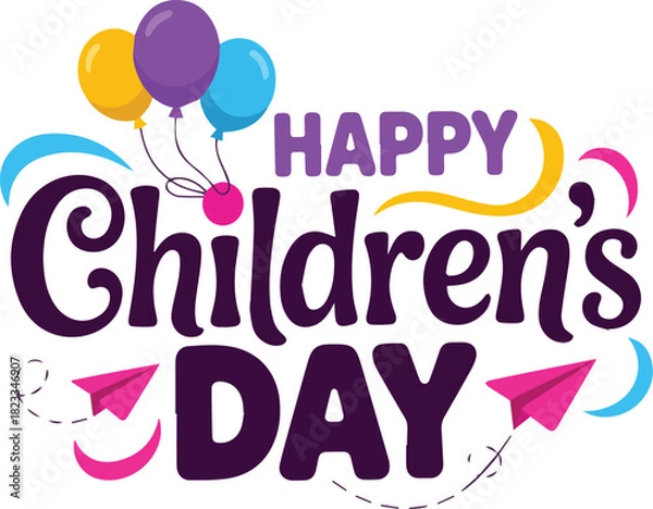 Obraz Happy Childrens Day text with balloons and paper airplanes celebration holiday