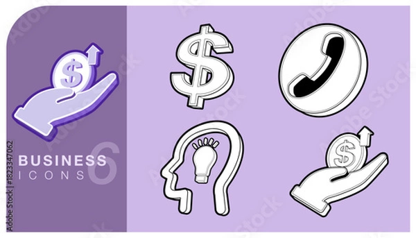 Fototapeta Set of business and finance icons. Money growth in hand, investment, creative idea and strategy, and contact support phone call. Ideal for web, apps, presentations, and financial design. Vector EPS.