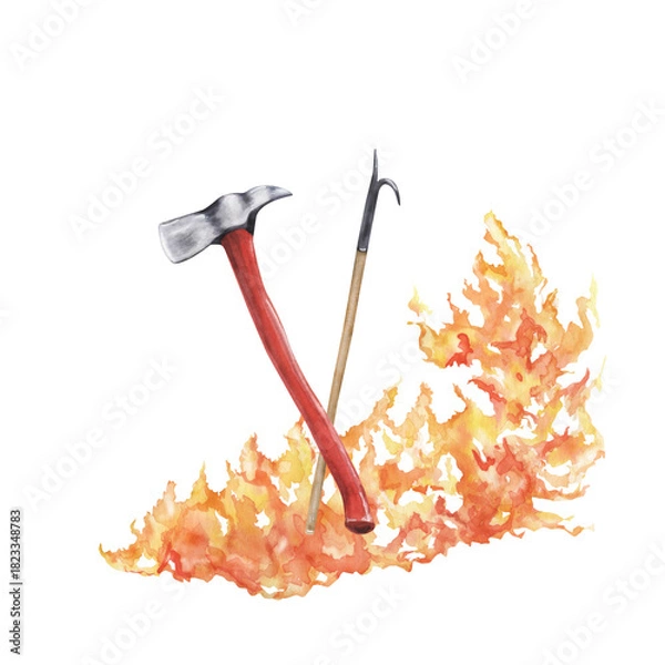Obraz Firefighter equipment: axe, a pike pole with fire