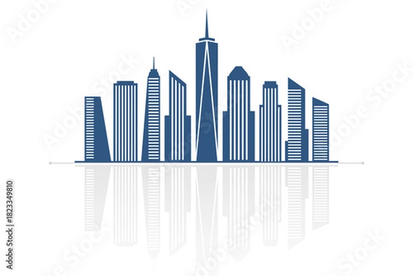 Obraz Modern blue city skyline vector illustration with reflection. Flat style urban skyscrapers and downtown architecture design element isolated on white background.