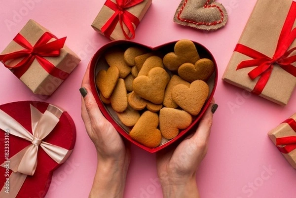 Fototapeta Hands holding a heart shaped box overflowing with delicious heart shaped cookies surrounded by gifts