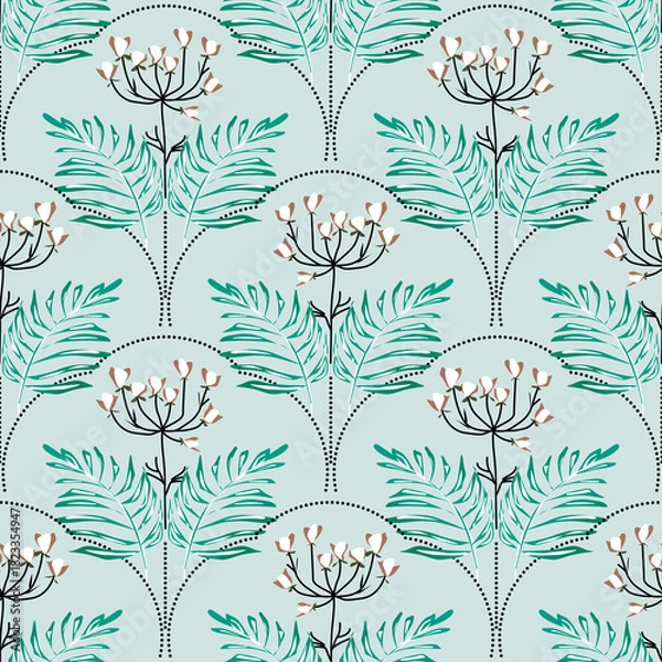 Fototapeta Seamless colorful floral pattern in art deco style on light green background.