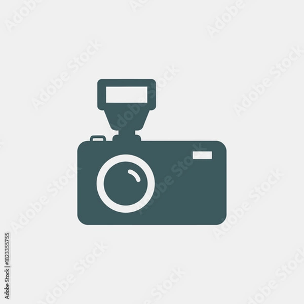 Obraz Flat design camera with flash icon, a simple pictogram representing digital photography and the art of capturing moments. Vector graphic for web and mobile use