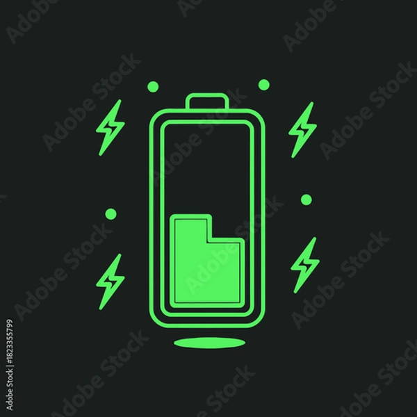 Fototapeta Battery Icon Illustration Charging Status Indicator on Dark Background with Lightning Bolts