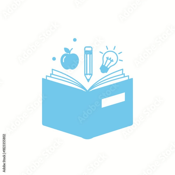 Obraz Open book with education symbols like apple, pencil, and lightbulb, symbolizing knowledge and learning