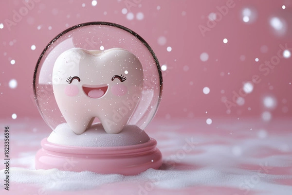 Obraz 3D render of a pastel snow globe with a cute smiling Santa tooth cookie inside, set against a soft pink snowy background, perfect for holiday banner web design 