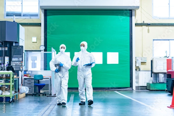 Obraz 工場を歩く防護服を着た男女作業員