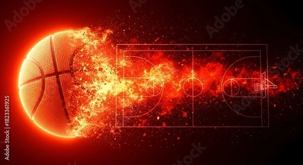 Obraz Flaming basketball soaring with an intense fiery trail over a glowing abstract court outline, symbolizing speed, passion, and intense competition.