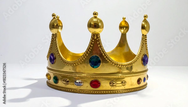 Obraz Golden royal crown with colorful gemstones on light background, featuring pointed arches and spherical tips.