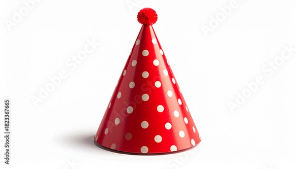Obraz Red cone-shaped party hat with white polka dots and pom-pom on top, centered on white background.