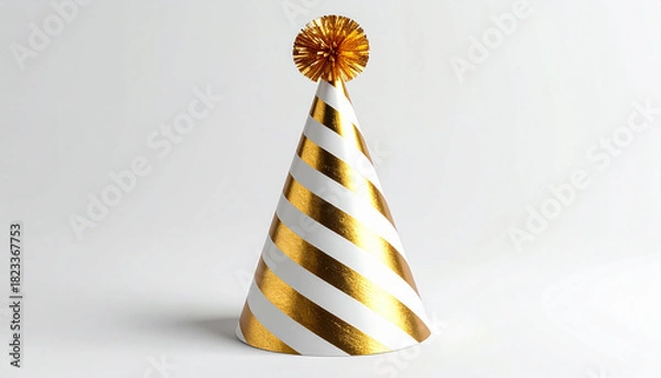 Obraz Gold and white striped cone party hat with pom-pom on top, centered on white background.