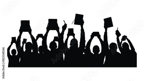 Fototapeta Silhouettes of people raising notebooks and hands isolated on white background, Vector