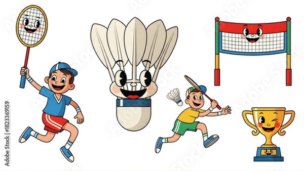 Obraz Cartoon badminton set with players, shuttlecock, net, and trophy, perfect for sports and game illustrations