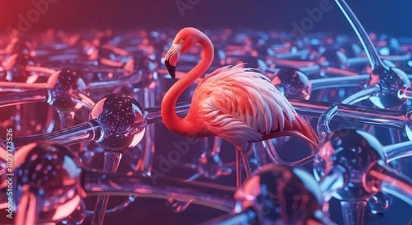 Fototapeta a vibrant pink flamingo stands elegantly amidst a complex network of metallic glowing spheres and abstract futuristic structures in dramatic lighting high quality